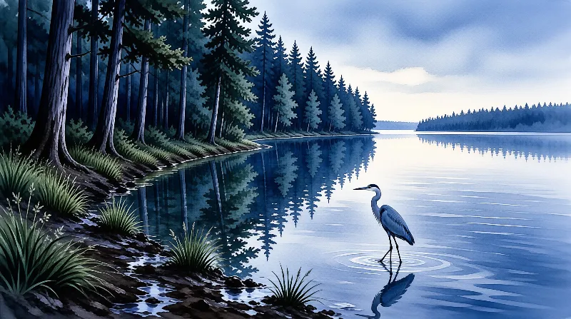 A heron stands in shallow water beside a dense forest of evergreens reflecting on the calm lake surface under a dim sky.