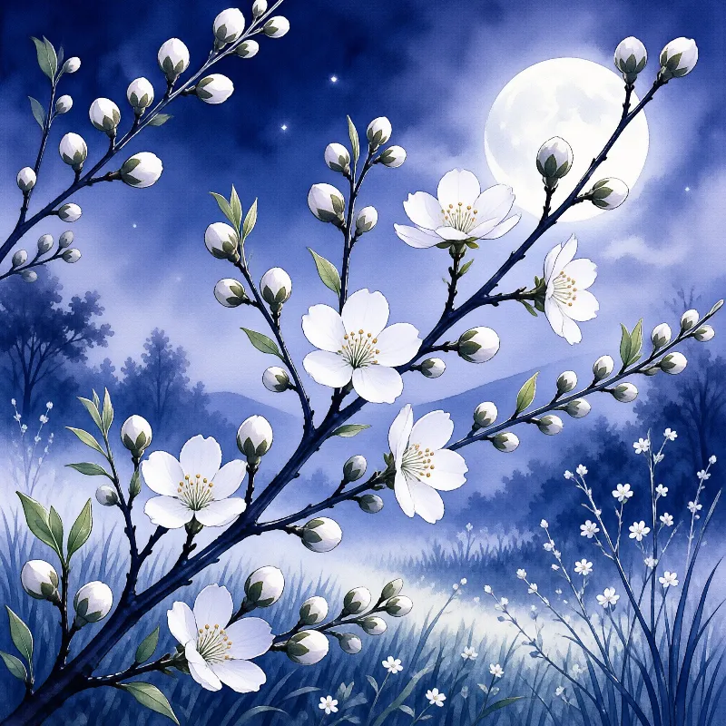 White flower clusters bloom on dark branches beneath a bright full moon in a deep blue starry night sky with grass below.