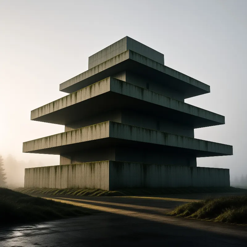 A tiered raw concrete structure stands amid low morning mist with grassy edges along a damp empty paved road at sunrise.