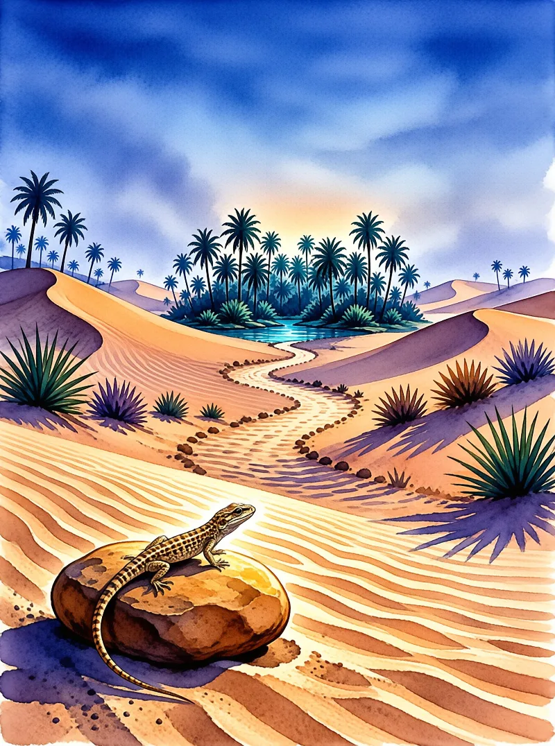 A spotted lizard sits on a smooth stone looking toward a winding path that leads to a palm tree oasis under a blue sky.