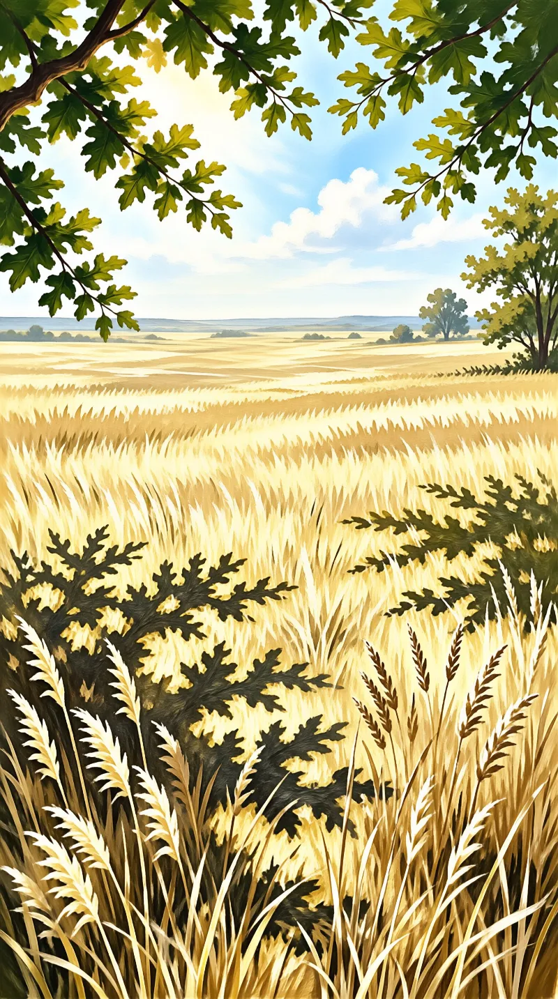 Sunlight illuminates a vast golden wheat field bordered by oak tree branches and distant rolling hills.