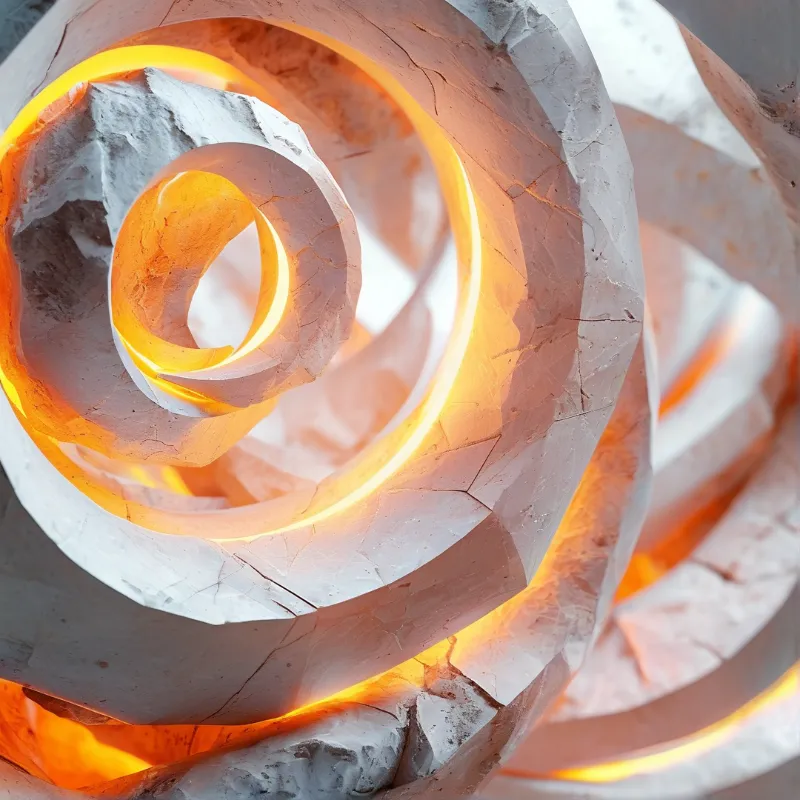 Cracked stone shaped into a looping spiral has warm orange light glowing in gaps between its rough textured edges.