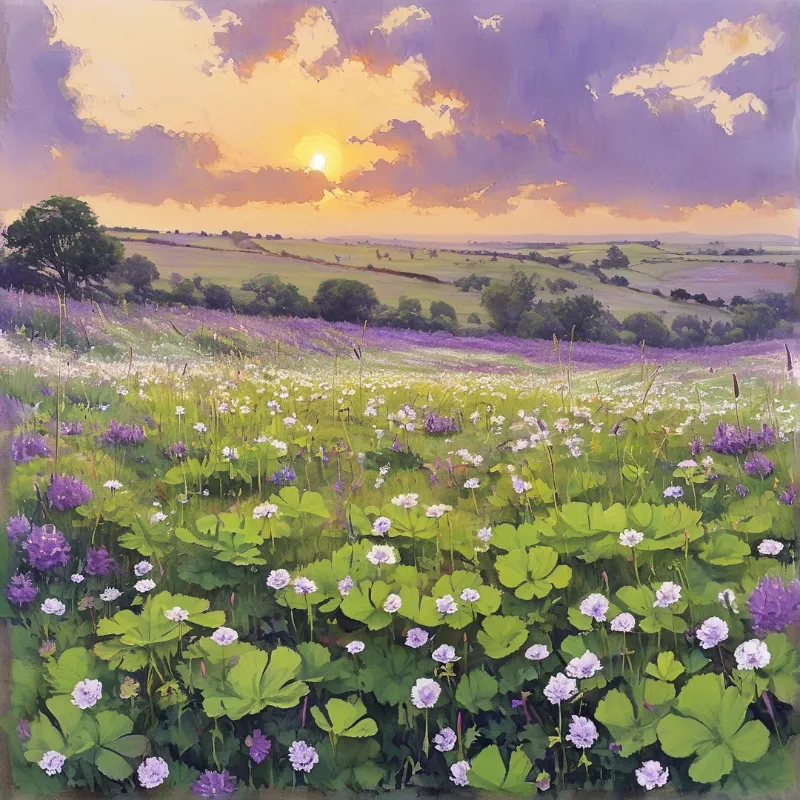 Purple and white wildflowers fill a green meadow rolling toward hills beneath a glowing sunset sky.