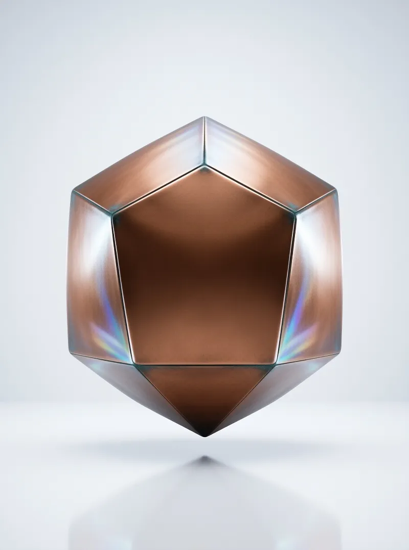 A many sided metal solid drifts above a soft blurred reflection, its sharp edges breaking light into colours