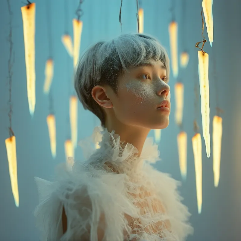 A short haired person wears white tulle looking away under suspended glowing rectangular fixtures on a blue wall.