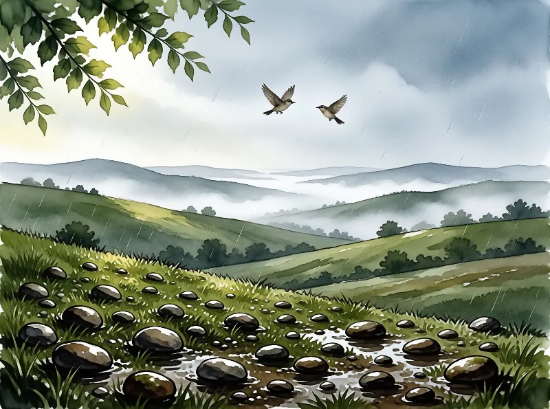 Two small birds fly through the rainy sky above misty hills and wet stones.