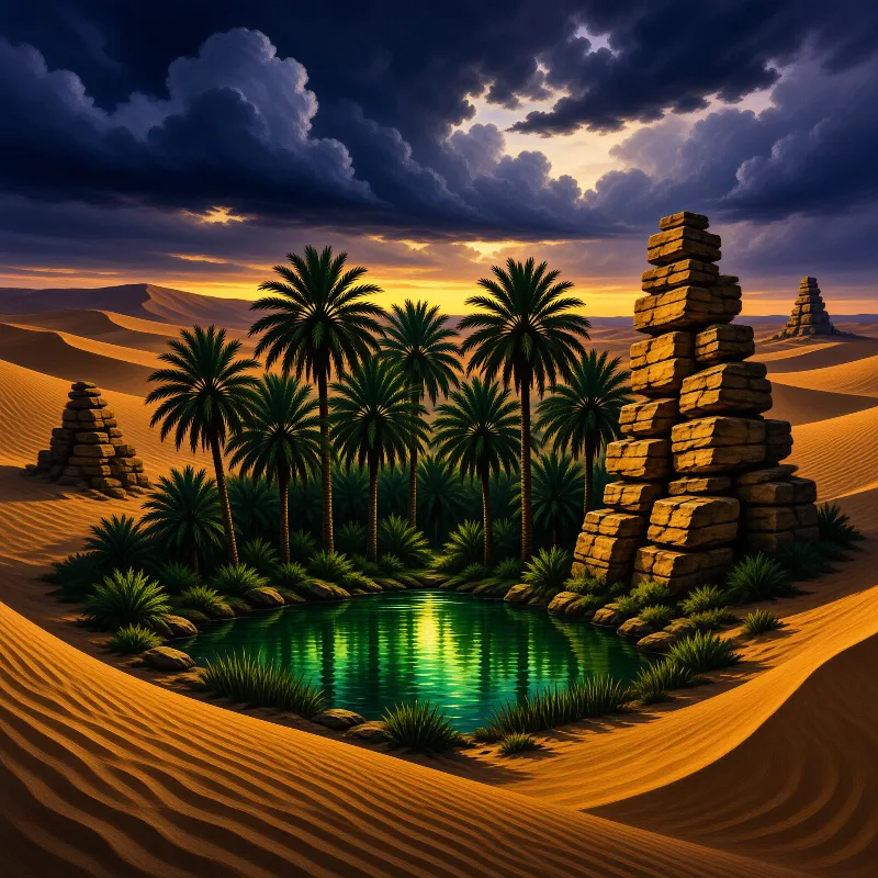 A lush green oasis featuring tall palm trees and stacked stone pillars sits within golden desert dunes under a cloudy evening sky.