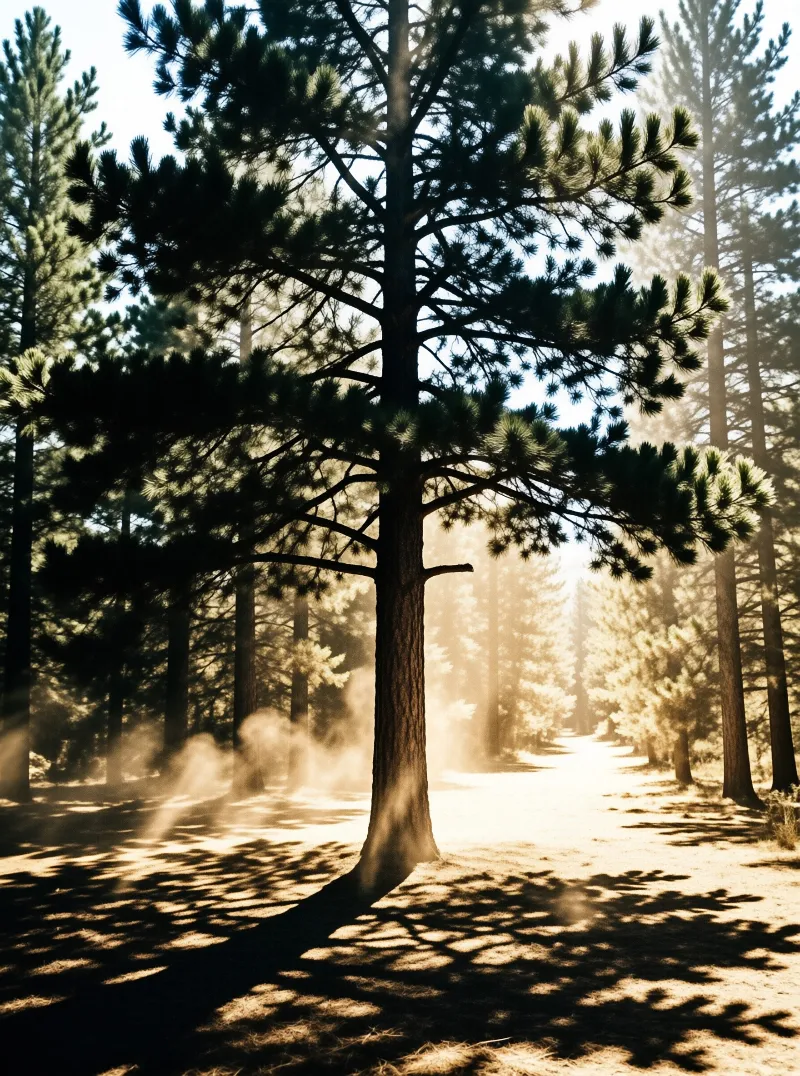 Tall conifers stand along a dirt path while morning rays filter through misty air casting long shadows.
