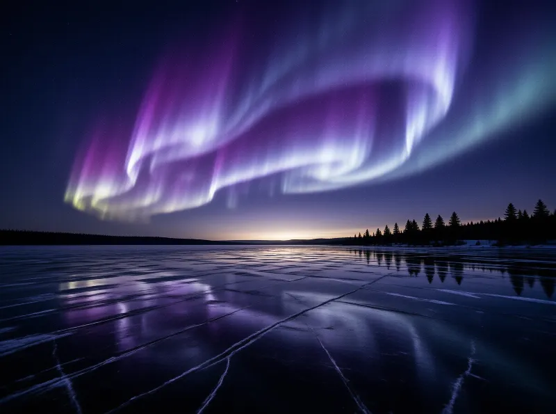Vivid purple and green aurora curtains swirl above a cracked frozen lake reflecting the colorful night sky near a treeline