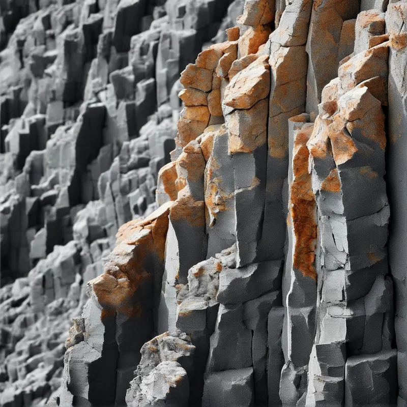 Vertical stone pillars show rough grey surfaces marked by patches of orange rust along the broken edges.