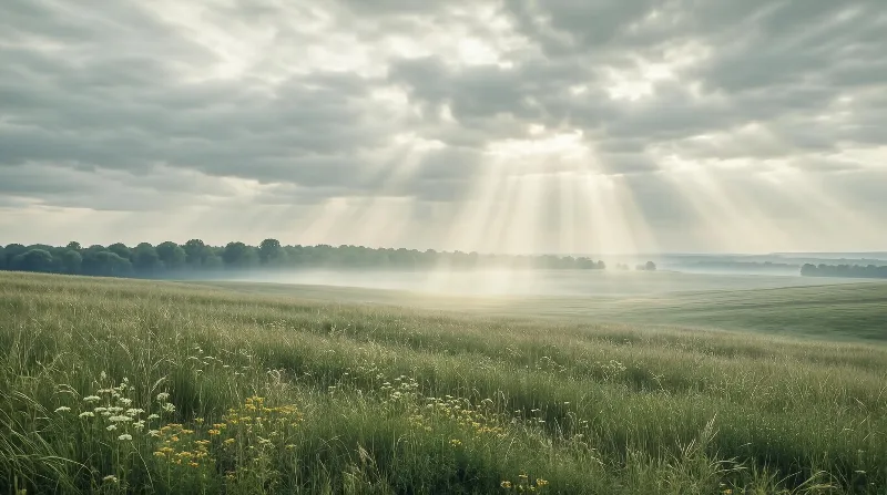 Sunbeams Over Misty Meadow