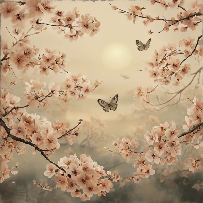 Delicate peach blossoms on branches surround two butterflies flying through a warm misty atmosphere.