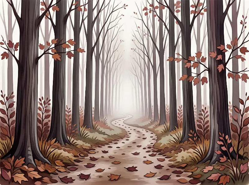 A curved dirt path scattered with brown and orange fallen leaves runs through tall thin trees shrouded in pale white fog under an overcast sky.