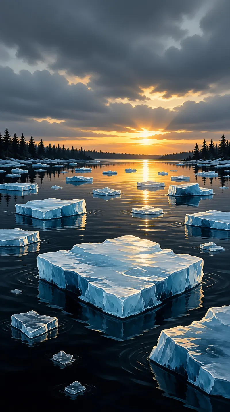 Chunky slabs of ice float on a black lake as the low sun breaks through heavy clouds above a distant pine shore.