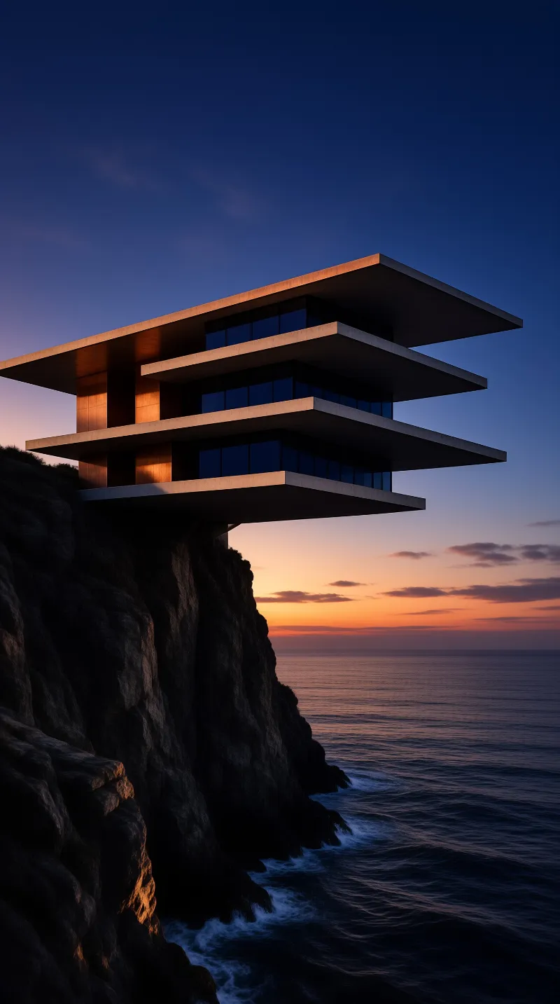 A modern multi-story house built into a dark rock face overlooks the calm sea while the sky glows with orange and purple hues from the setting sun