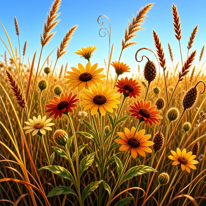 Bright yellow and orange wildflowers bloom among tall golden wheat stalks beneath a clear blue sky during warm sunset light.