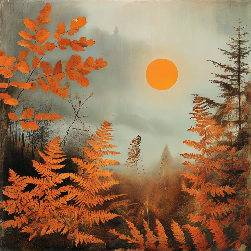 Painterly woodland scene of rust-colored ferns and leaves framing a round orange sun in mist.