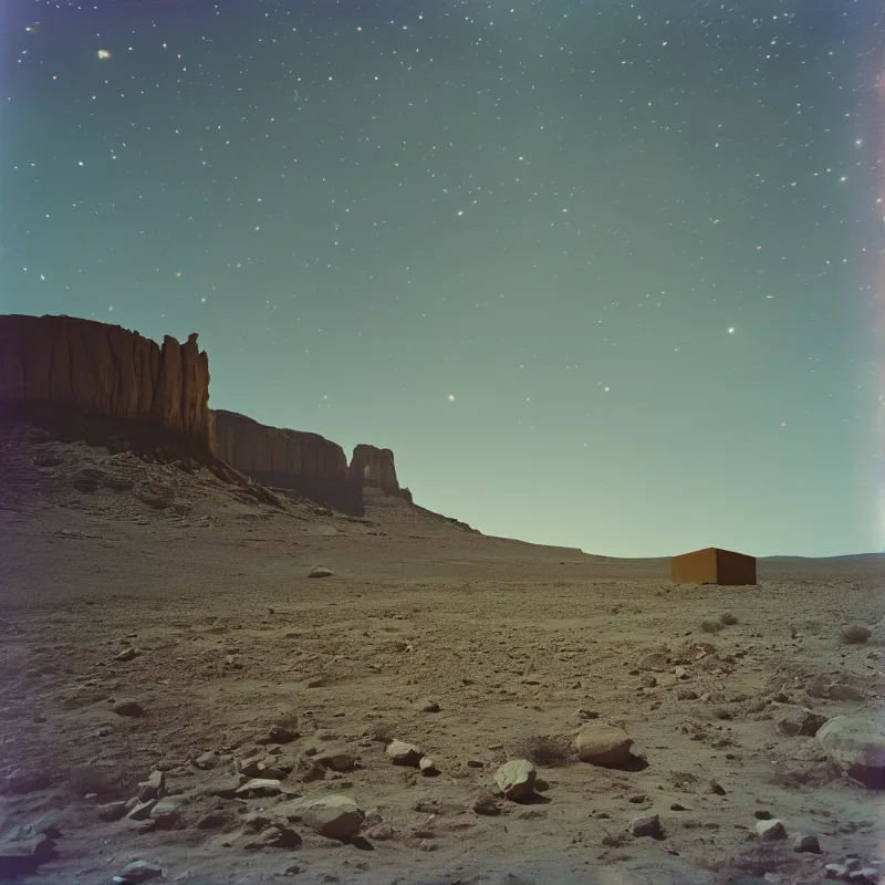 A small golden cube rests alone on a vast rocky desert floor beneath a deep night sky scattered with stars.