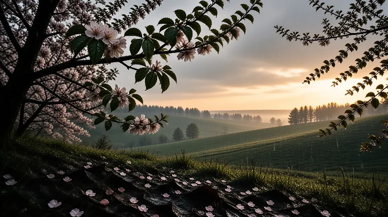 Petals rest on a dark surface while cherry branches overlook a misty valley under a warm sunrise sky.