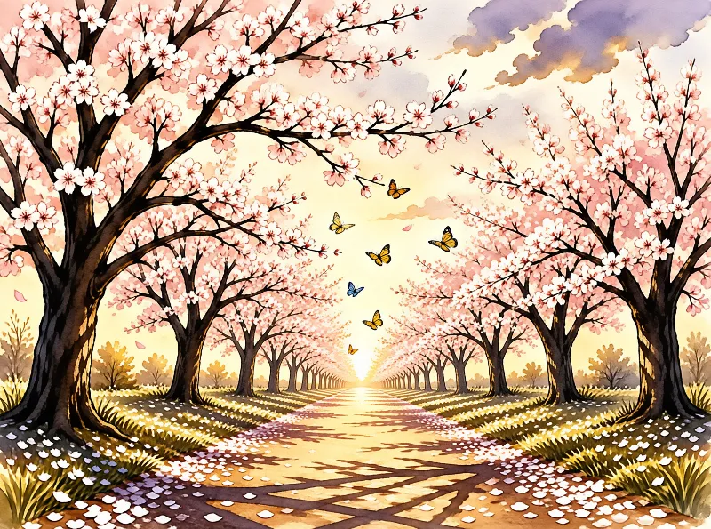 Rows of blooming cherry trees line a dirt path leading toward a bright horizon while butterflies fly overhead.