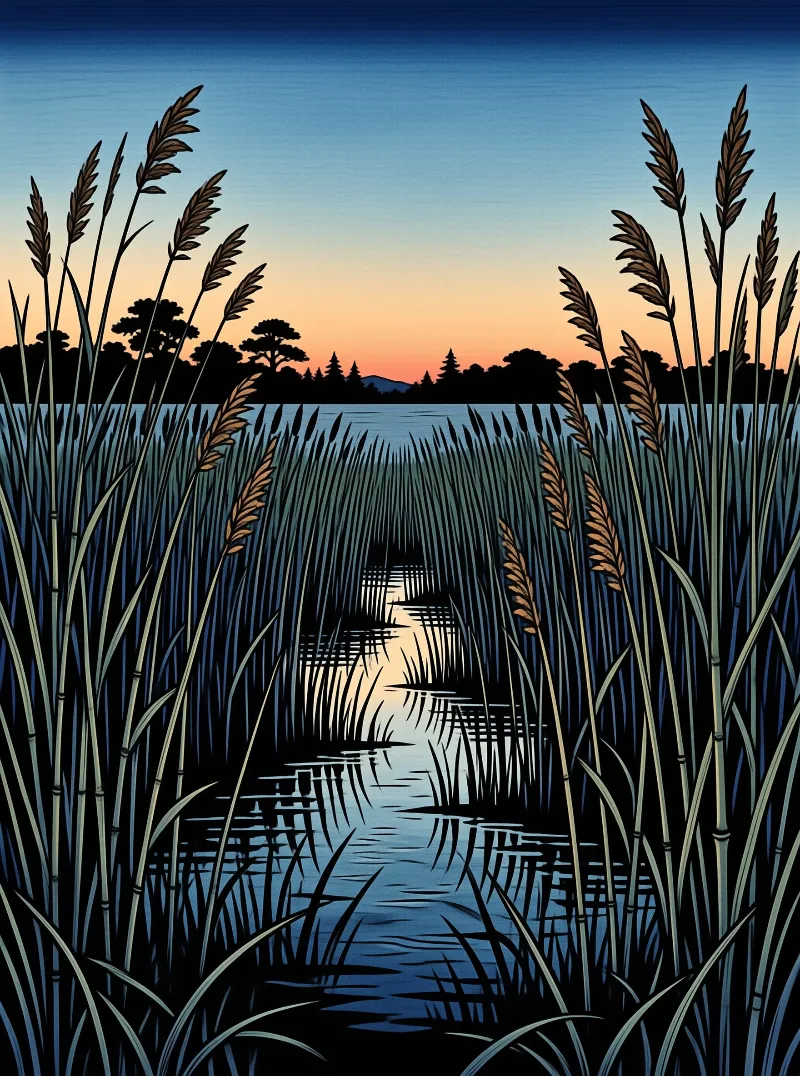 Tall reeds frame a calm lake reflecting a gradient sunset sky with silhouetted trees.