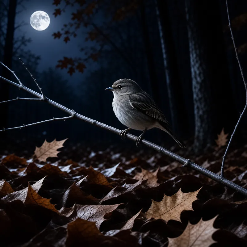 A grey bird perches on a branch above a forest floor covered in dry leaves while a full moon shines in the night sky.