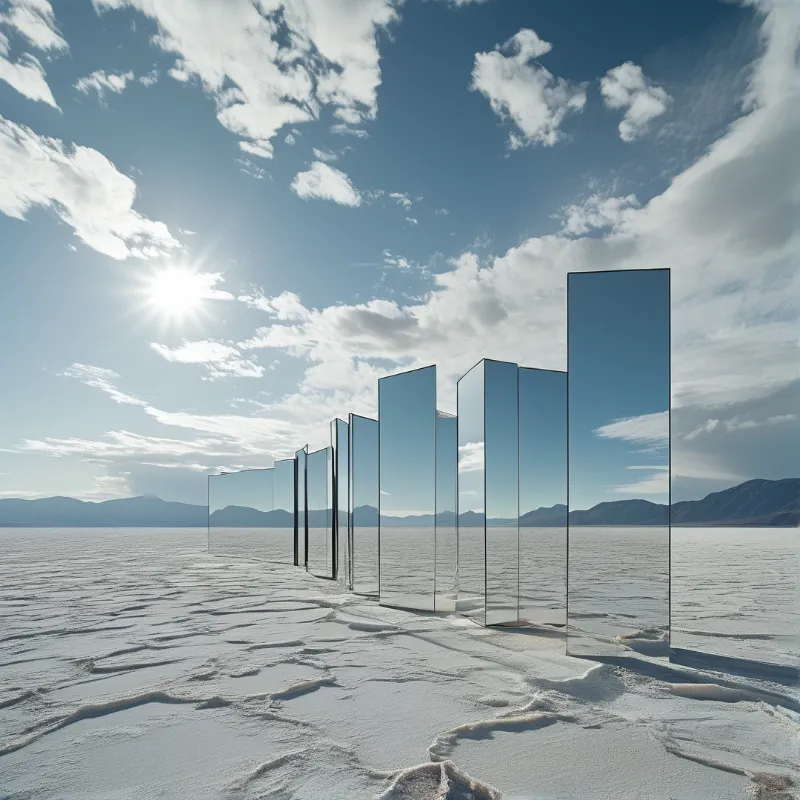 Reflective panels line a cracked white salt flat, mirroring the blue sky and distant mountains under bright sunlight.
