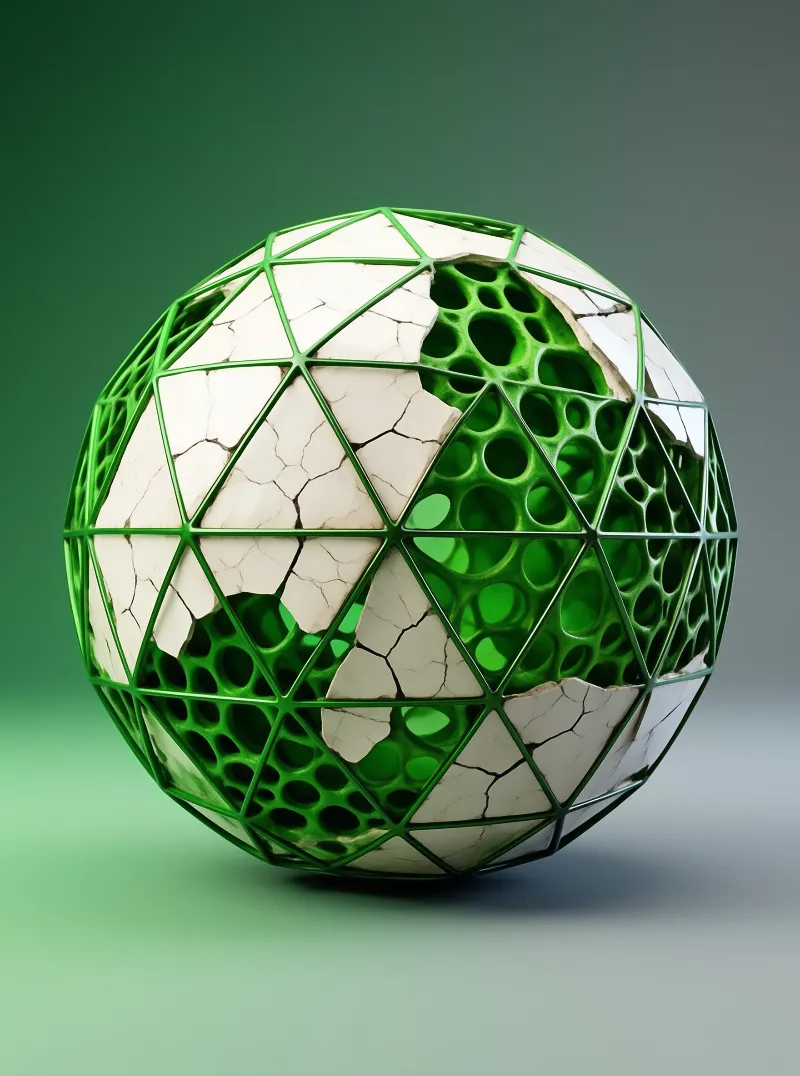 A cracked white sphere reveals a green honeycomb structure inside its wireframe shell against a gradient background.