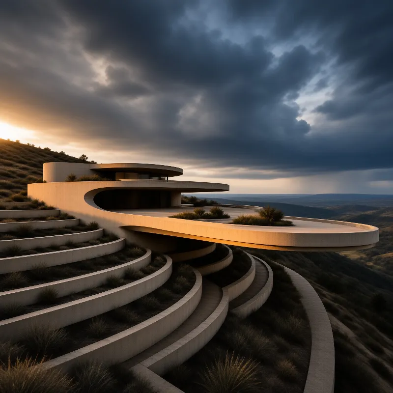Curved concrete terraces wrap around a hillside villa beneath dark storm clouds and golden sunset light.