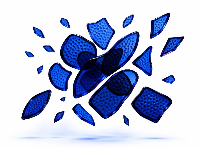 Cluster of translucent blue geometric shapes featuring internal honeycomb dots against a white backdrop.