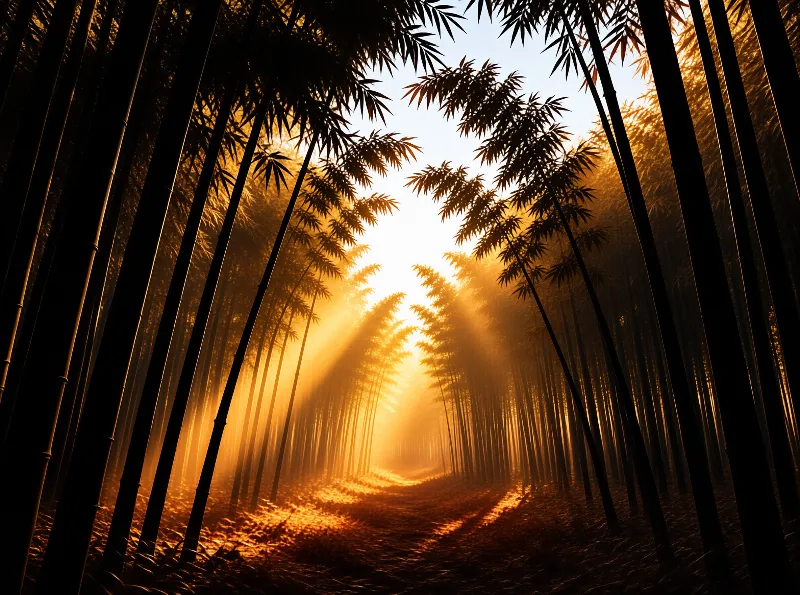Tall bamboo trees frame a misty forest path as warm golden dawn rays pierce the haze and cast bright amber light across the ground