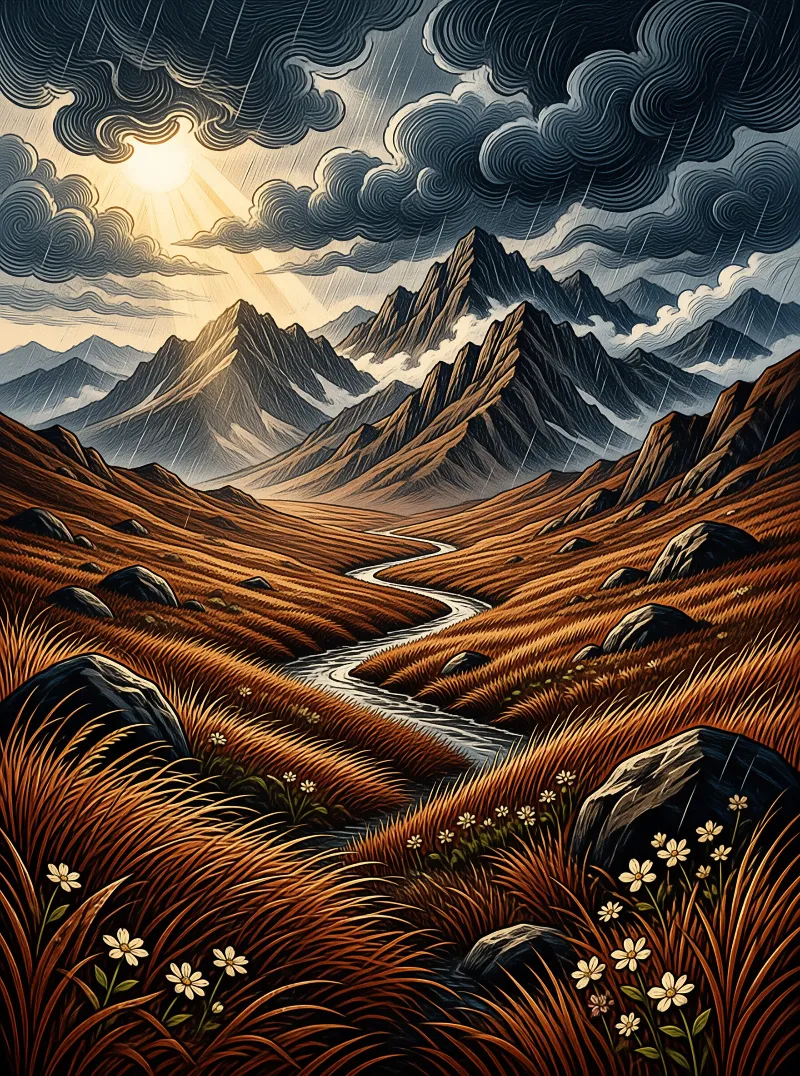 A winding stream flows through reddish hills towards towering mountains under a rainy sky with sunbeams.