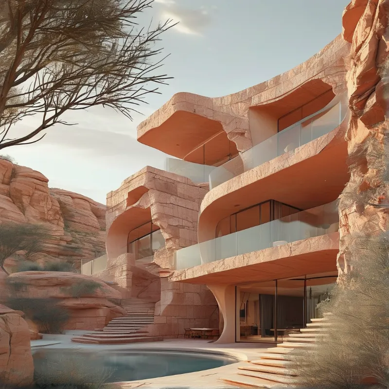 Curved sandstone balconies wrap a cliffside home where still water mirrors the pale desert sky.