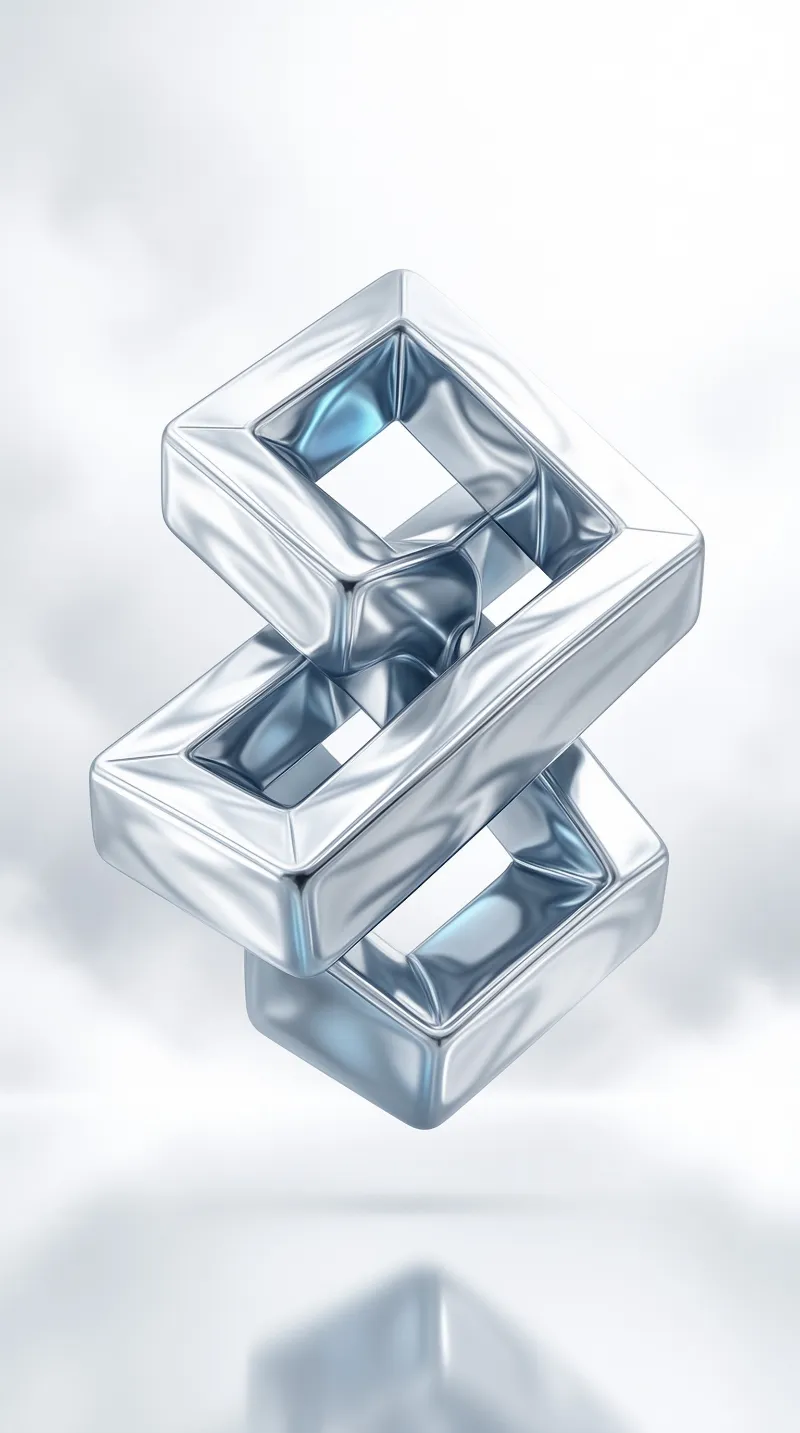 A glossy silver figure eight sculpture floats above a clean white surface casting a subtle shadow beneath its base.