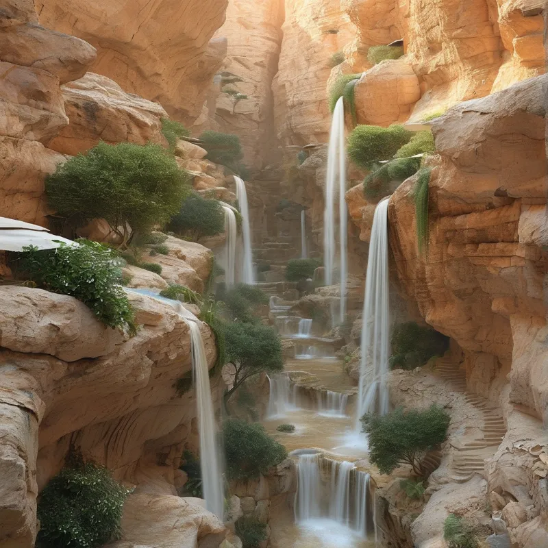 Tiered waterfalls pour over golden sandstone cliffs amid green trees and a stone stairway on the right wall.