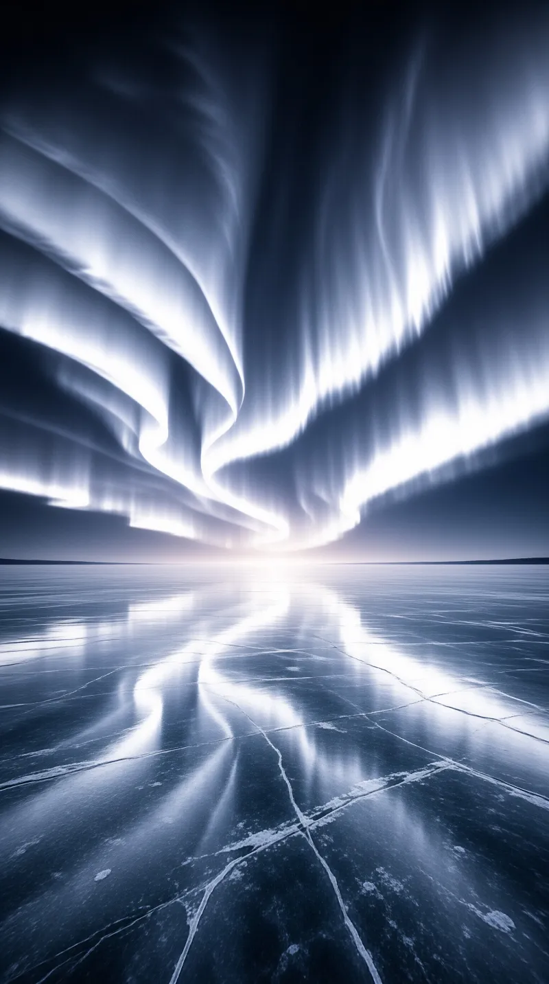 Bright aurora ribbons curve across the sky and reflect onto the cracked surface of a frozen lake.
