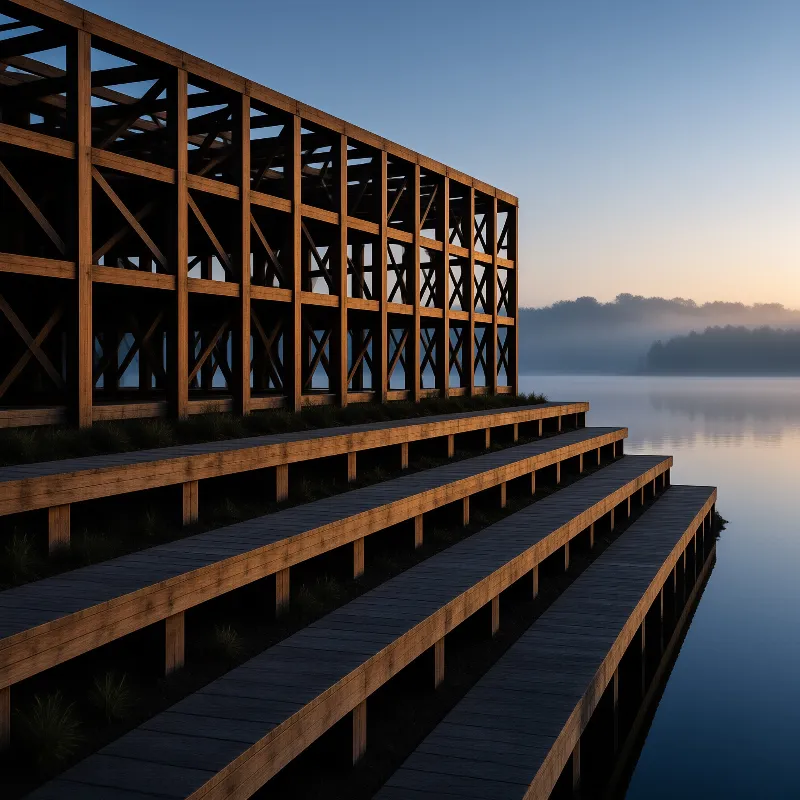 A modern open wooden structure with diagonal bracing stands on tiered platforms beside a calm misty lake at twilight.