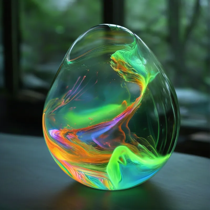A large translucent egg shape rests on a surface showing vibrant green orange and purple swirls inside.