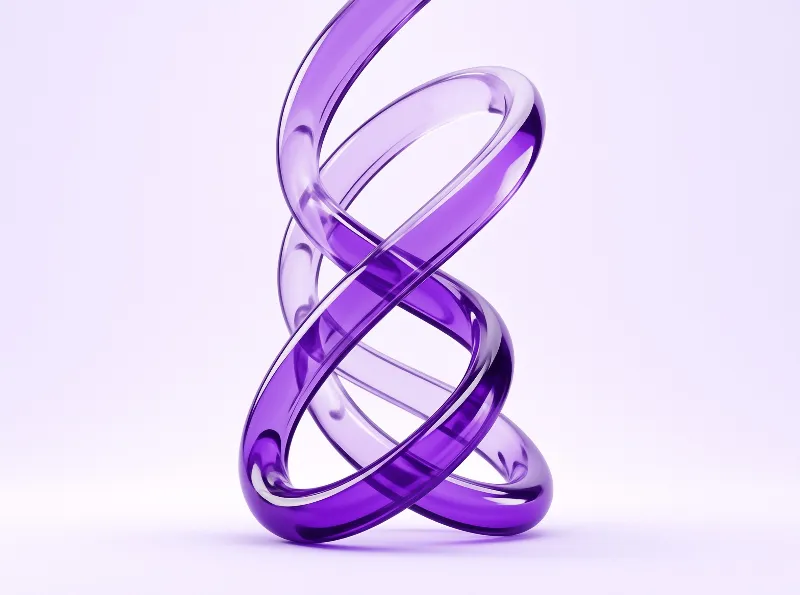 A translucent purple glass ribbon twists into a looping knot, glowing softly against a pale lavender gradient.