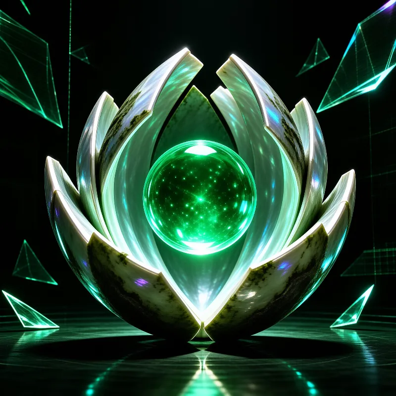 A glowing green sphere sits within a white lotus-like shell, surrounded by floating triangles in a dark digital space.