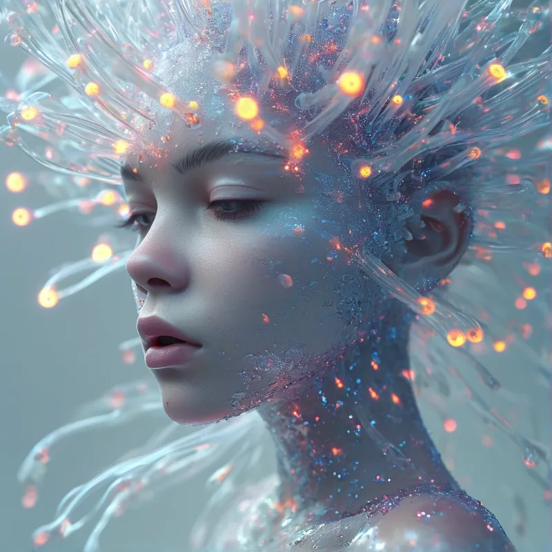 A profile of a woman whose translucent skin and hair are threaded with glowing orange and blue fibers against a muted grey backdrop