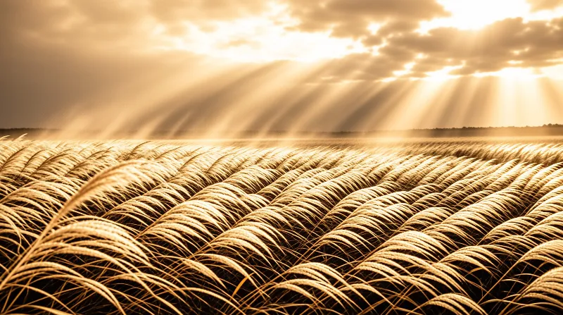 A vast field of ripe wheat bends under the weight of grain while bright sunbeams pierce through clouds above.