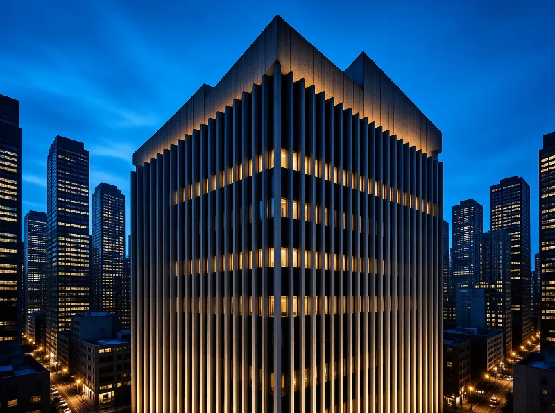 A tall building with vertical columns glows against a deep blue evening sky while surrounding towers show scattered lights.