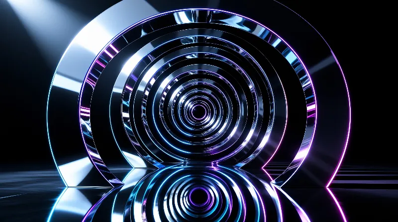 Shiny concentric rings form a tunnel glowing with electric blue and purple neon outlines against a dark background.