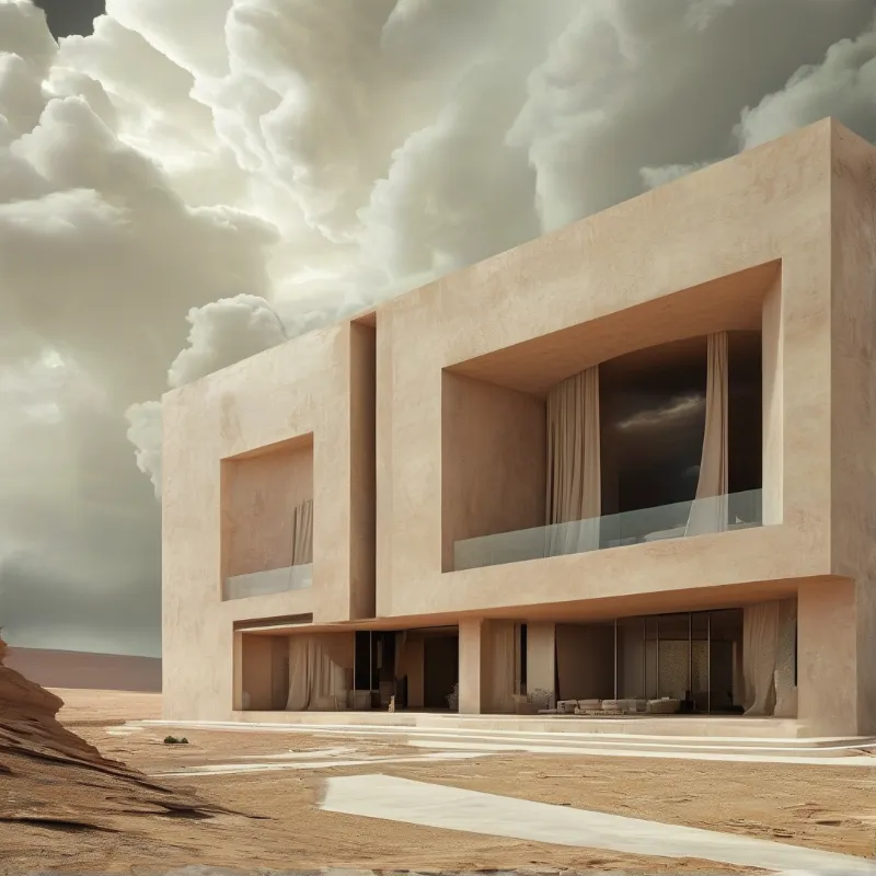 A large beige rectangular building stands in a sandy desert landscape beneath a sky filled with heavy grey clouds.