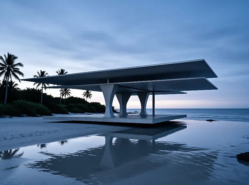 A white modern shelter with curved columns stands on a beach platform at dusk while palm trees line the horizon.
