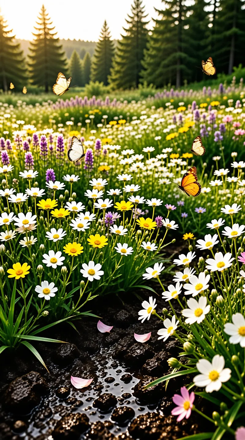 Sunlight bathes a colorful wildflower meadow containing white daisies and purple spikes near a pine forest as butterflies fly above the grass and petals rest on a rocky stream bed in the foreground.