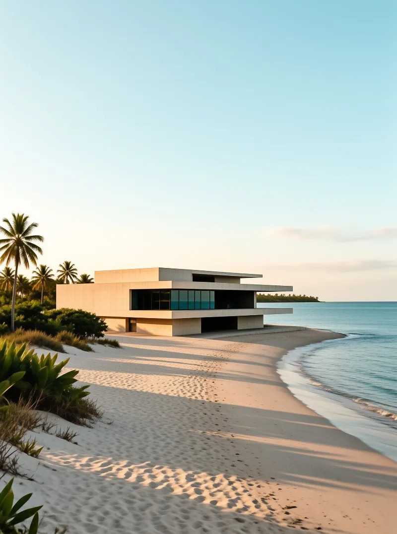 Contemporary coastal residence with flat roofs and large windows standing beside calm ocean waves under a clear sky.