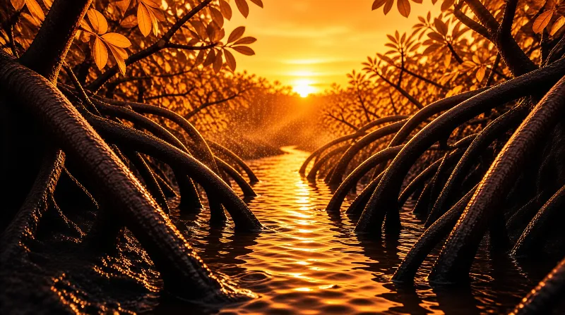 Dark mangrove prop roots extend from both banks into a narrow water channel reflecting bright orange sunlight.