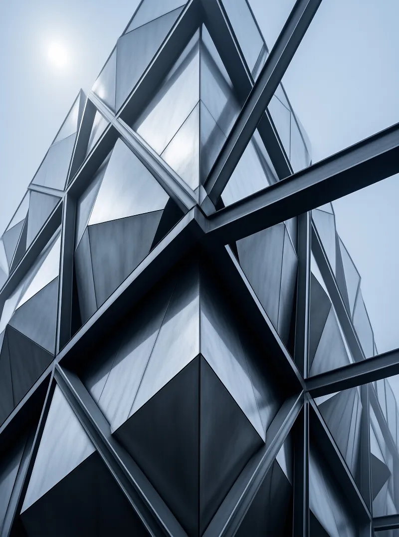 Triangular panes of blue glass meet dark diagonal girders in a low-angle architectural study.